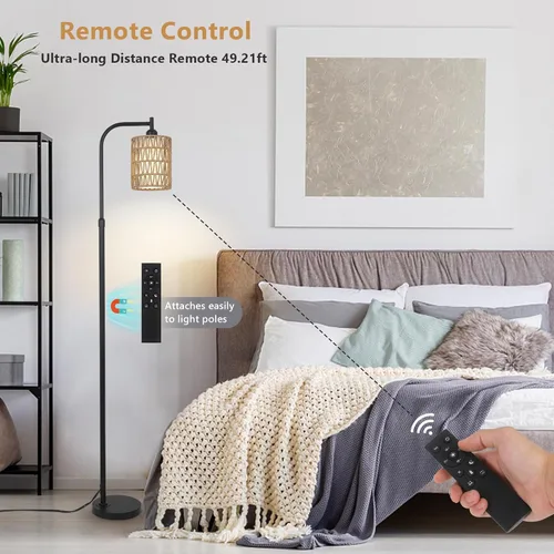 Vista 13 de LAMSU Lámpara de pie con control remoto, lámpara de pie de ratán regulable con bombilla LED, lámpara de poste alto industrial negra con pantallas