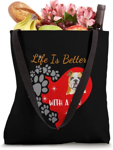 Vista 4 de La vida es mejor con un perro - Bolsa de mano con diseño de bulldog inglés Blanco 16 pulgadas