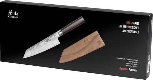Vista 9 de Cangshan HAKU Series 501059 Cuchillo Kiritsuke de 7 pulgadas con funda, acero de Damasco forjado X-7