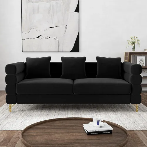 Vista 13 de OUYESSIR Sofá Cloud para sala de estar, cómodo sofá biplaza de terciopelo de 59 pulgadas con 2 almohadas y patas doradas, moderno asiento de dos