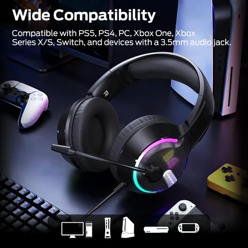 Vista 7 de Monster Mission 320 - Auriculares para juegos para PS5, PS4PC, interruptor, cancelación de ruido con micrófono, luz LED, sonido envolvente 7.1