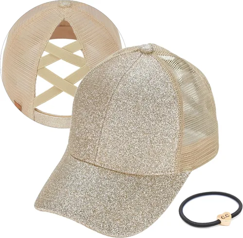 Vista 8 de C.C Gorra de béisbol de malla con diseño de estrella brillante, gorra de camionero ajustable para moño o cola de caballo Una banda elástica-negro