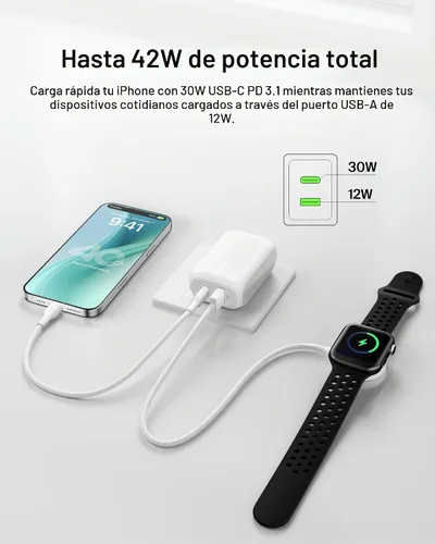 Vista 3 de Belkin Bloque de Carga de 42W con 2 Puertos, Cargador USB-C + USB-A de Super Carga Rápida - Samsung Galaxy S25, Apple iPhone 17, Air, Pro, Pro Max