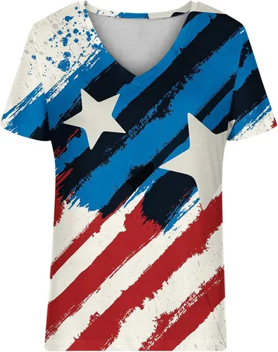 Vista 5 de Camisetas de verano para mujer, cuello en V, diseño de rayas de estrellas, camisetas básicas de manga corta para el Día de la Independencia