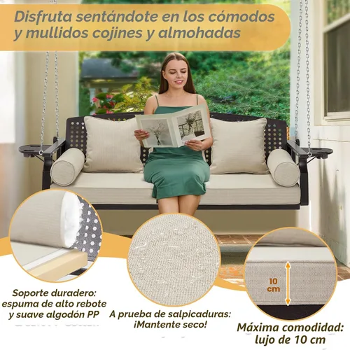 Vista 7 de Columpio colgante de porche de 3 asientos, banco de columpio para patio con portavasos y 3 cojines de respaldo, silla columpio con cadenas para Beige