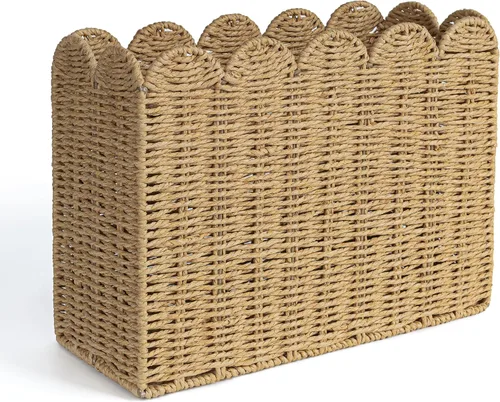 Vista 8 de AELS Cesta tejida de fibra natural para revistas, soporte de revistas para piso, organizador de revistas tejido a mano, cesta de revistas con asas