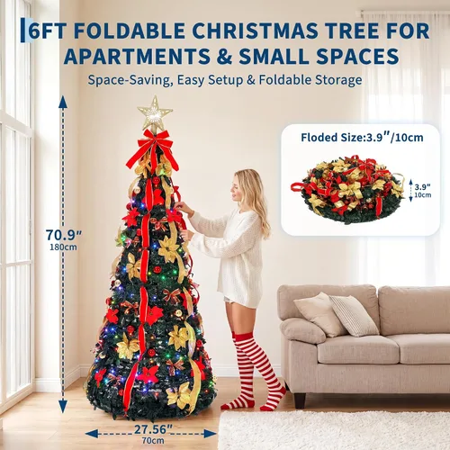Vista 8 de Árbol de Navidad desplegable de 6 pies, árbol de Navidad preiluminado con Árbol de Navidad plegable con 200 luces LED preiluminadas, proyecta