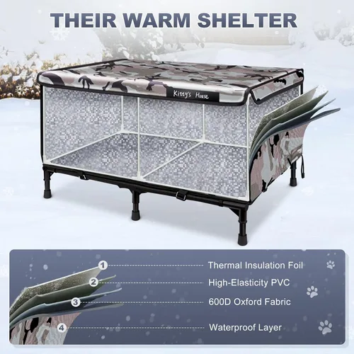 Vista 4 de Casa para gatos al aire libre – Refugio resistente a la intemperie para gatos con 2 puertas y cubierta para lluvia, casa impermeable para gatos