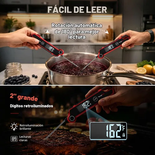 Vista 4 de TempPro TP620 Termómetro digital para carne con termopar de 0.5 SEC, termómetro de cocción de lectura instantánea con LCD retroiluminado automático