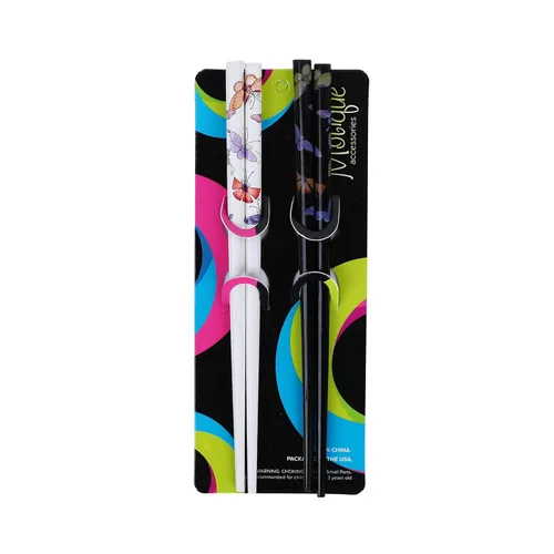 Vista 4 de Juego de 4 palillos para el cabello con mariposas, color blanco y negro