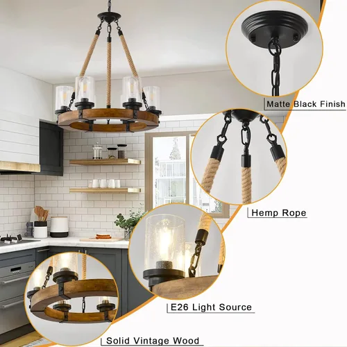 Vista 3 de Candelabro de iluminación de rueda de carro, 6 luces con pantalla de vidrio semillado, lámpara redonda de madera para cocina, isla de vestíbulo