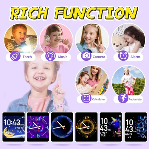 Vista 5 de Vakzovy Reloj inteligente para niños y niñas, reloj inteligente para niños de 4 a 12 años con 24 juegos, cámara HD, reproductor de música