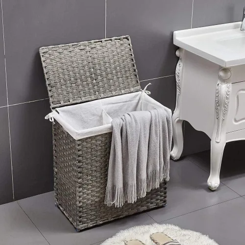 Vista 4 de Cesta de Ropa Delgada con Ruedas, Cesto de Almacenamiento de Ropa con Forro de Algodón Resistente con Asas, Organizador de Cesta de Alambre Plegable
