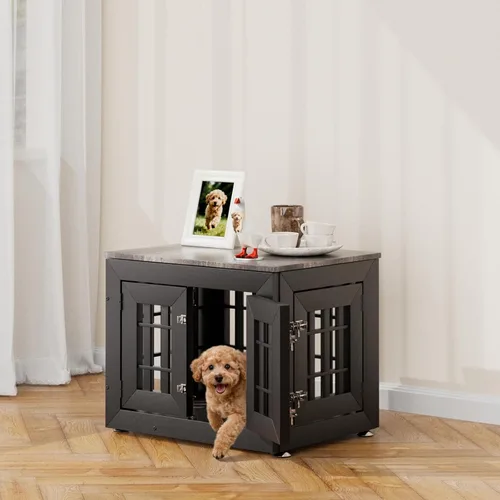Vista 26 de Snuowu Mueble de jaula de perro resistente de 26 pulgadas para perros pequeños, medianos y grandes, jaula rústica de madera para perros, muebles