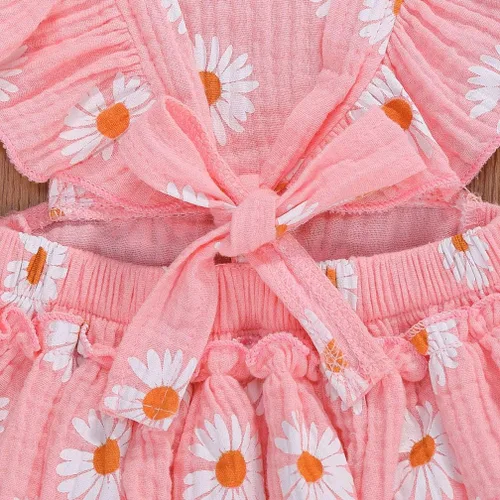 Vista 7 de Bebé Niñas Impresión Margarita Algodón Lino Volantes Sin Mangas Mameluco Mono Mono con Headaband Ropa Infantil Verano