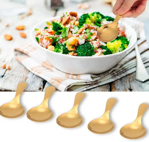 Vista 7 de Watris Veiyi - 5 cucharas de mango corto para condimentos de azúcar, café, té Cucharas pequeñas para postres de sal, mini cucharas doradas