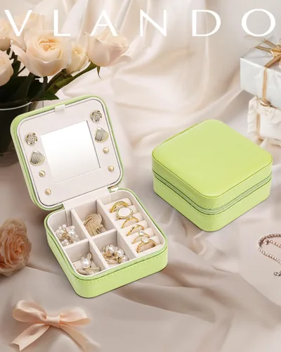Vista 7 de Vlando Pequeño organizador de joyero de viaje Anillo de regalo para mujer, aretes, collares, vitrina de almacenamiento para niñas, color verde