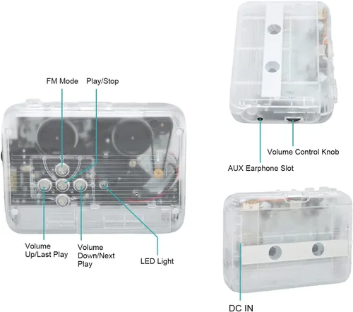 Vista 5 de Reproductor de casete portátil, reproductor de cinta Bluetooth, radio FM, reproductor de cinta de casete estéreo/grabadora con auriculares, función