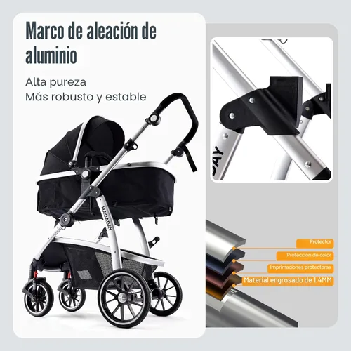 Vista 4 de Hagaday Cochecito de bebé, asiento reversible 2 en 1 para niños pequeños con modo moisés, cochecito infantil plegable con toldo, freno de un botón