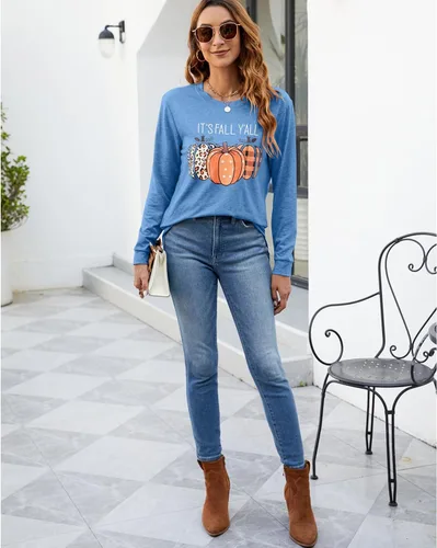 Vista 6 de Sudaderas con estampado de calabaza para mujer, cuello redondo, casual, manga larga para otoño