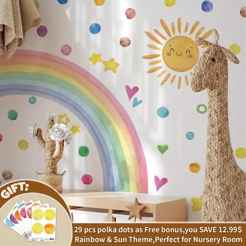 Vista 2 de Decoración grande para cuarto de bebé, sol sonriente y flor de color, calcomanía de pared para sala de juegos, aula y fiesta, acuarela Dreamscape