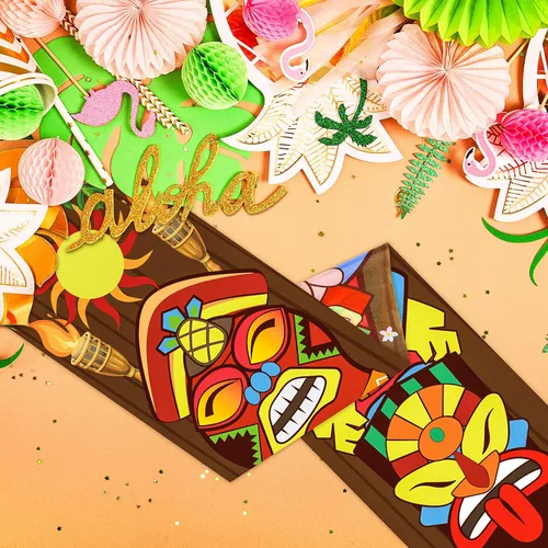 Vista 7 de Frienda Decoraciones de fiesta de Tiki hawaiano Luau suministros de decoración de fiesta Tiki Banner Totem Letrero de puerta para Hawai Tropical