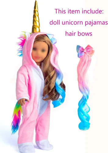 Vista 7 de Ropa para muñeca de 18 pulgadas, disfraz de unicornio, pijama y mameluco con arcoíris, pinzas de pelo con moño. Se ajusta a muñecas de 18 pulgadas