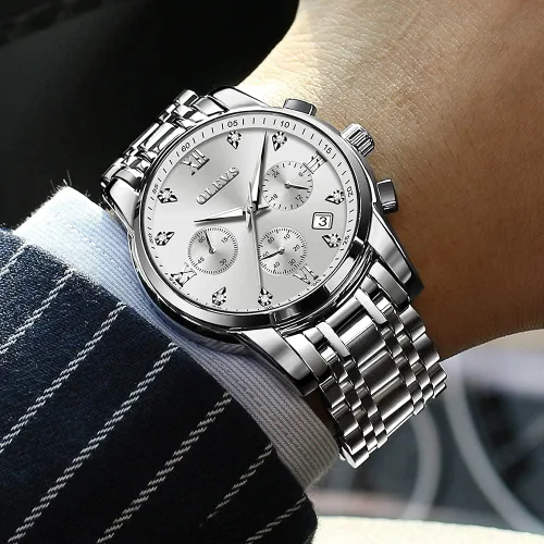 Vista 2 de OLEVS Relojes impermeables para hombre, de acero inoxidable, con cronógrafo, de lujo, color blanco, luminoso, de gran cara, analógico, de cuarzo