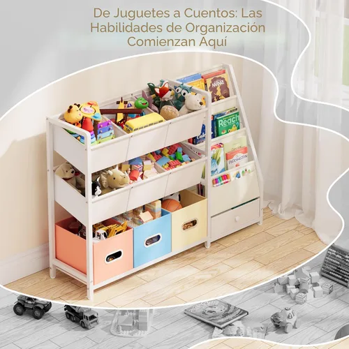 Vista 6 de HAVLOTII Organizador de almacenamiento de juguetes, estantería para niños y almacenamiento de juguetes con 3 estantes para libros y 10 contenedores