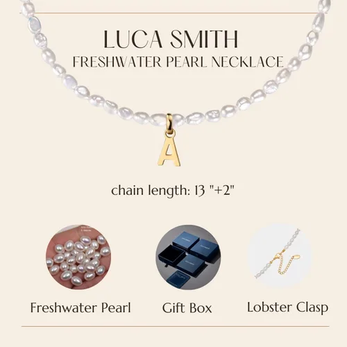 Vista 6 de LUCA SMITH Gargantilla de perlas de agua dulce con inicial para mujer, chapado en oro de 14 quilates, gargantilla barroca con dije de inicial