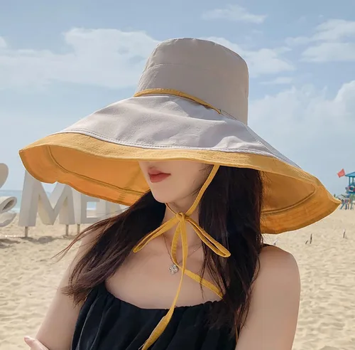 Vista 28 de Sombrero de sol de ala súper ancha para mujer, de algodón, plegable, reversible, con borde con cable, protección UV, verano, playa, viajes, jardín