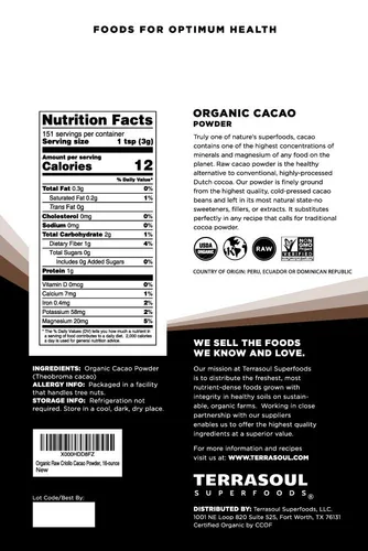 Vista 2 de Terrasoul Superfoods Polvo de cacao orgánico crudo, 2 libras (paquete de 2) - Raw Keto Vegano