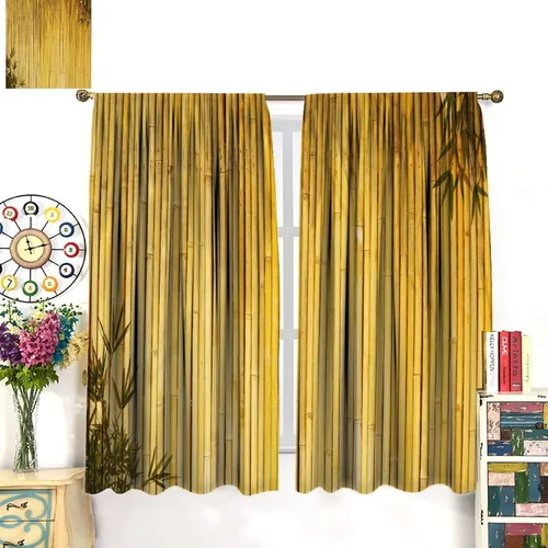 Vista 3 de Cortinas con estampado de bambú, tallos y hojas de bambú, temática oriental natural, oscurecimiento de habitación, ventana, ventana, cortina