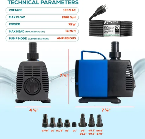 Vista 8 de Aqua Dream Bomba de agua anfibia de 634 GPH – Bomba externa sumergible o en línea de 35 W con eje de cerámica resistente a la corrosión, elevación