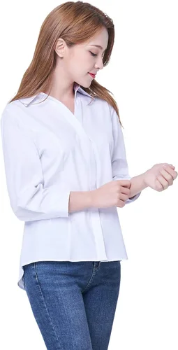 Vista 3 de Camisa con botones para mujer, con cuello en V, elástica en 4 direcciones, resistente a las arrugas y transpirable, manga 34 con cuello