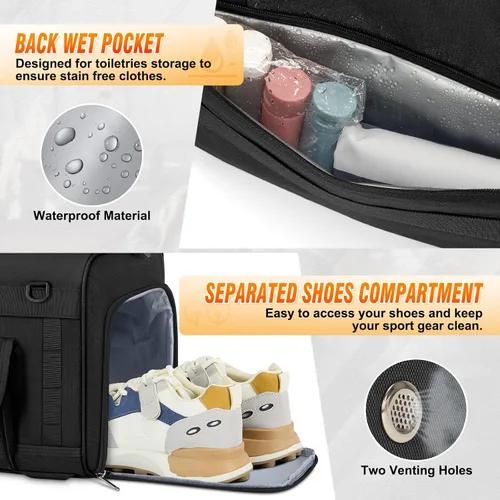 Vista 5 de RAINSMORE Bolsa de gimnasio para hombres, 45L grande 3 en 1, bolsa deportiva con compartimento para zapatos y bolsillo húmedo, resistente al agua
