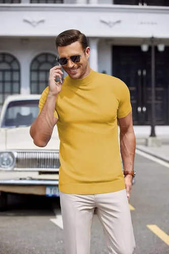 Vista 2 de COOFANDY Suéter de cuello alto falso para hombre, de manga corta, color sólido, básico, ajustado, de punto