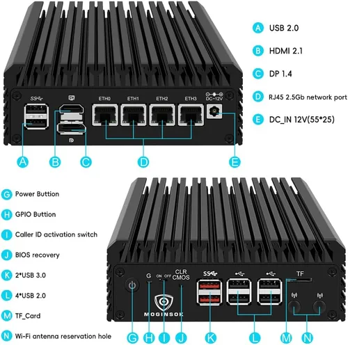 Vista 2 de Firewall Appliance Mini PC 2.5Gbe, con 12º N100 (Ship N150) Mini Router de computadora sin ventilador con 4xIntel I226 Nics 8GB DDR5 Ram 128GB M.2