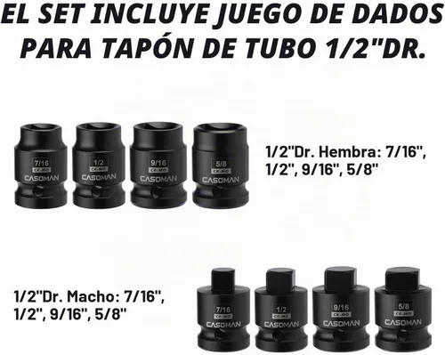 Vista 3 de CASOMAN Juego de enchufes de tubo de transmisión de 1/2 pulgada, 8 unidades, Cr-Mo, SAE, macho/hembra, 7/16", 1/2", 5/8", 9/16", unidad cuadrada