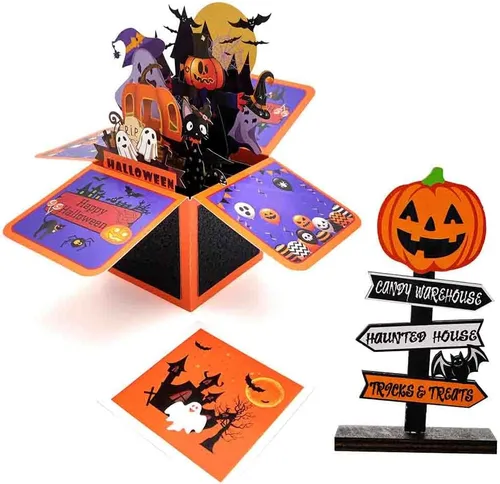 Vista 8 de Tarjeta de caja desplegable de Halloween, 3D de casa encantada, fantasma, calabaza, tarjetas para fiesta de Halloween con sobres, etiqueta de notas