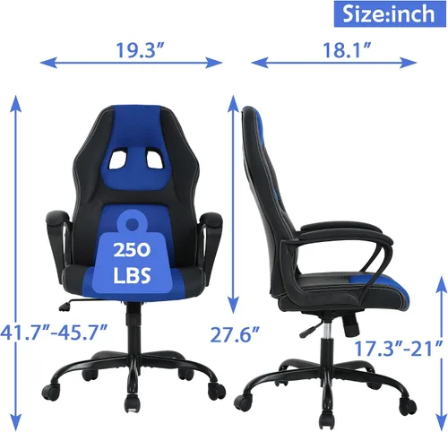 Vista 3 de Silla ergonómica para juegos de PC, silla de computadora con respaldo alto, soporte lumbar, ajustable, giratoria, de piel sintética, silla de Azul