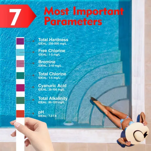 Vista 2 de Tiras de prueba de piscina de 7 vías, 125 tiras de prueba rápidas para piscina, kit de prueba de agua confiable para bañera de hidromasaje