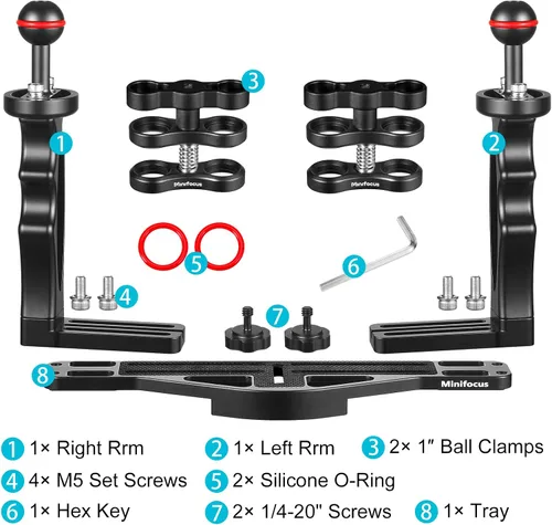 Vista 5 de MINIFOCUS Soporte de bandeja de mango de cámara subacuática y brazo de extensión de aleación de aluminio de doble bola de 8 pulgadas