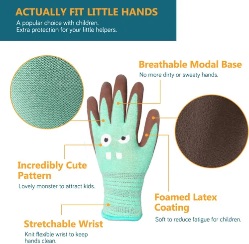 Vista 2 de COOLJOB 2 pares de guantes de trabajo para niños pequeños de Modal, edades 2-5, guantes de jardinería para niños con revestimiento de goma, ultra