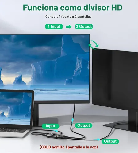 Vista 2 de Interruptor HDMI 4 K a 60 Hz, interruptor HDMI bidireccional de aluminio GANA 2 en 1 salida, concentrador HDMI manual compatible con HD compatible