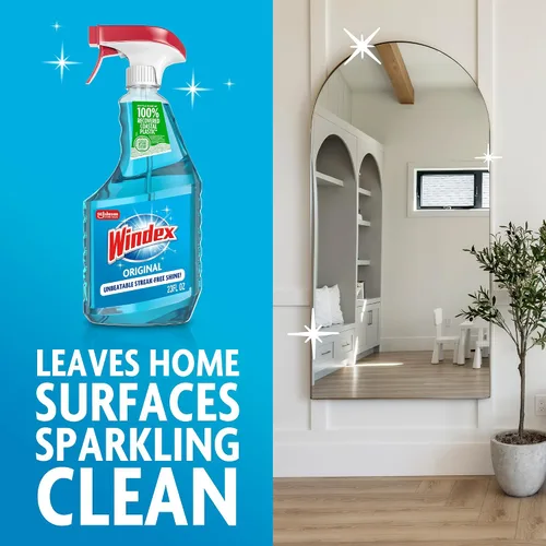 Vista 5 de Windex Spray limpiador de vidrio y ventanas, botella hecha de plástico 100% reciclado, espray de limpieza de superficies, aroma azul original, 23