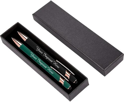 Vista 12 de ExpressDesigns™ - Juego de regalo de bolígrafos personalizados - Paquete de 2 bolígrafos de metal suave al tacto de oro rosa con caja de regalo