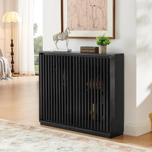Vista 5 de Mesa consola estrecha de 39 pulgadas con puertas huecas, aparador moderno de mediados de siglo con 2 orificios de salida, gabinete de almacenamiento