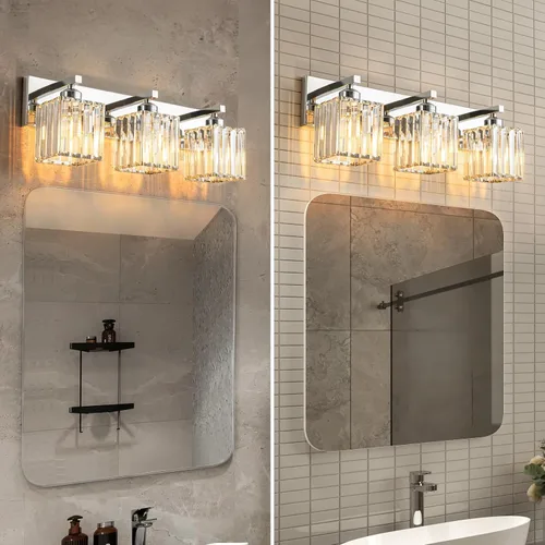 Vista 4 de Moderna lámpara de pared/tocador de baño de cristal, color cromo, de 3 luces Cromo Recto
