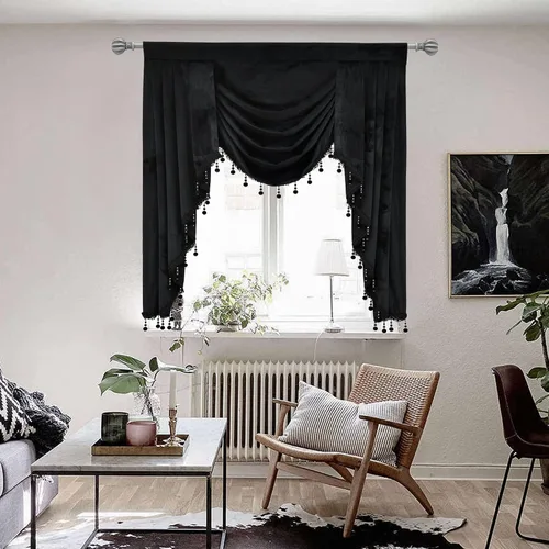 Vista 15 de Toppers Beige de Cortinas de Ventana para Sala de Estar - Cenefa de Cascada de Terciopelo para Dormitorio (1 Panel, 39 Pulgadas de Ancho, Marfil)